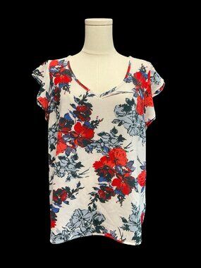 Blue/Red/White Floral Print V Neck Blouse w/ Ruffle Cap Sleeve